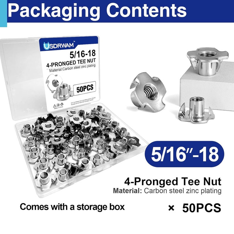Usdrwam 50 Pack 5/16"-18 T Nuts for Wood, Zinc-Plated Carbon Steel 4-Prong Tee Nuts for Furniture, Cabinets, and Rock Climbing Holds - Image 3